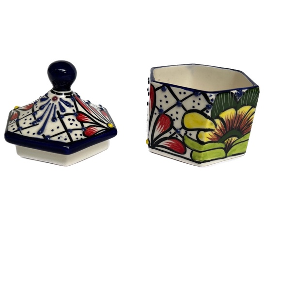Mexican Trinket Box Art Pottery Lidded Ceramic Alba Mexico Floral 3D Blue Yellow - Picture 3 of 5
